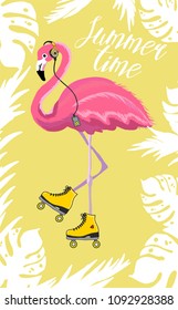 Pink flamingo, rollers,  headphones  vector illustration isolated on yellow background with palm leaves. Hand drawning. Illustration for t-shirts, postcards, posters and other.
