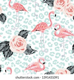 Pink flamingo, rose flowers with leaves, animal print background. Vector floral seamless pattern. Tropical illustration. Exotic plants and birds. Summer beach design. Paradise nature