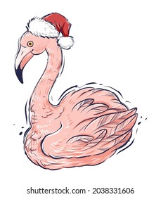 Pink flamingo in santa hat