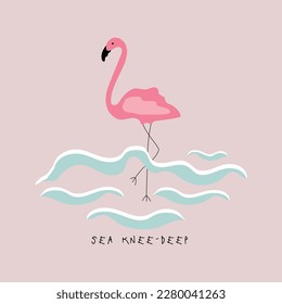 Pink flamingo and sea waves on light pink background. Sea knee-deep concept for poster banner. Doodle style vector illustration. 