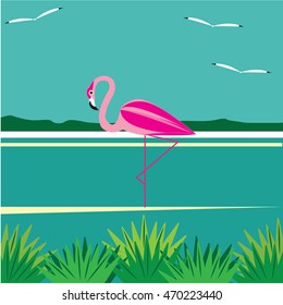 pink flamingo seagull seascape shore abstract art illustration creative modern flat style vector