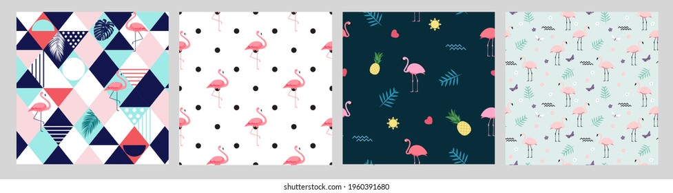 Pink Flamingo Seamless Pattern Background summer collection set. Vector Illustration EPS10