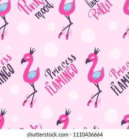 Pink flamingo seamless pattern with calligraphic text composition. love ballet. Feathered background. exotic bird and shabby dots repeated backdrop for girl, fashion clothes, textile,wrapping paper.