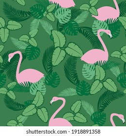 Patrón transparente de flamingo rosado, textura de ave exótica. Ilustración de material vectorial plano. Textura de flamenco en hojas exóticas. Patrón sin fin o ilustración sin fisuras con pájaro rosa