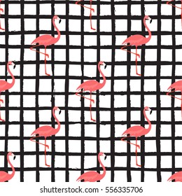 a pink flamingo seamless pattern; exotic tropical bird vector illustration; squared background