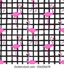 a pink flamingo seamless pattern; exotic tropical bird vector illustration; squared background