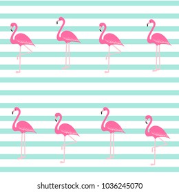 Pink flamingo seamless pattern on blue water color stripes, exotic tropical bird vector, summer beautiful fashion lines background on white