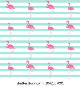 Pink flamingo seamless pattern on blue water color stripes, exotic tropical bird vector, summer beautiful fashion lines background on white