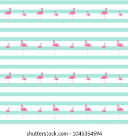 Pink flamingo seamless pattern on blue water color stripes, exotic tropical bird vector, summer beautiful fashion lines background on white