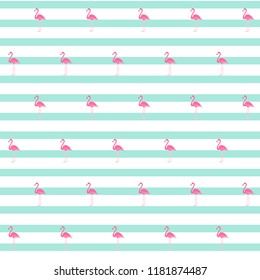 Pink flamingo seamless pattern on blue water color stripes, exotic tropical bird vector, summer beautiful fashion lines background on white