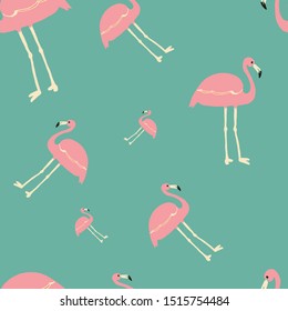 Pink flamingo seamless pattern on a green background. For textiles, fabric packaging, boxes, cardboard, wrapping paper.
Cartoon style. Vector