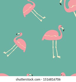 Pink flamingo seamless pattern on a green background. For textiles, fabric packaging, boxes, cardboard, wrapping paper.
Cartoon style. Vector
