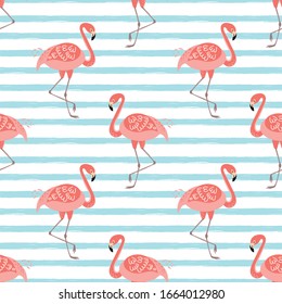 Pink flamingo seamless pattern on blue striped background. Tropical cute print. Funny summer hawaii exotic design. Pink flamingo vector illustration for textile wallpaper, decorative romantic fabric.