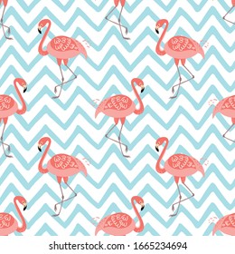 Color rosa flamingo sin fisuras en fondo azul zig zag. Tinta tropical linda. Gracioso diseño exótico hawaii de verano. Ilustración vectorial de flamingo rosa para las chicas de la decoración de invitación fiesta textura de tela.