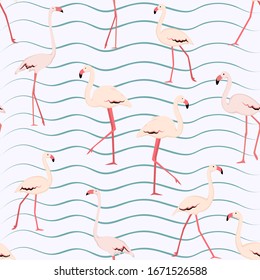 Pink flamingo seamless pattern on white background with blue wave curve lines. Bright wading exotic birds flock. Vector design illustration for fabric, textile, fashion, print.