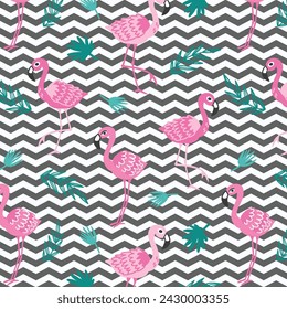 Pink Flamingo seamless pattern on a background of tropical leaves. Popular background with Flamingo. Fashion seamless vector pattern with flamingo. Flamingo pattern. Tropical bird and leaf.