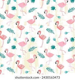 Patrón sin fisuras de flamenco rosa sobre un fondo de hojas tropicales. Fondo popular con Flamingo. Moda patrón de vector sin fisuras con flamenco. Patrón flamenco. Pájaro tropical y hoja.