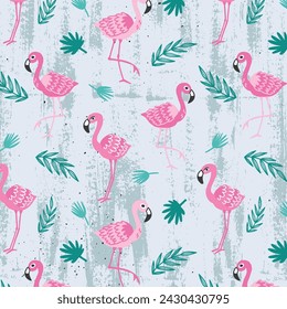 Pink Flamingo seamless pattern on a background of tropical leaves. Popular background with Flamingo. Fashion seamless vector pattern with flamingo. Flamingo pattern. Tropical bird and leaf.