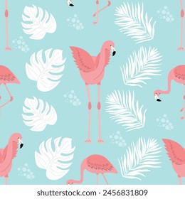 Pink flamingo seamless pattern on a blue background. Cute flamingos with tropical leaves vector illustration