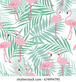 Pink Flamingo padrão sem costura em um fundo de folhas tropicais. Antecedentes populares com Flamingo. Padrão vetorial sem costura da moda com flamingo. Padrão de flamingo. Pássaro e folha tropicais.