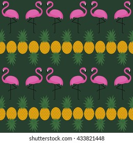 Pink flamingo seamless pattern with pineapples on dark green background. Summer vector background design for textile, web, fabric and decor.