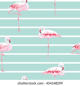 Pink flamingo seamless pattern with stripes