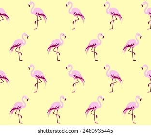 Pink flamingo seamless pattern. Summer yellow background. Vector illustration.