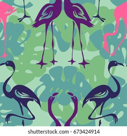 Pink flamingo seamless pattern. Summer tropical endless background, repeating texture. Vector illustration.