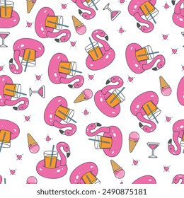 pink flamingo seamless pattern swimming ring pool vector ocean summer tropical scarf isolated Cartoon bird flamingos animal exotic nature wild fauna repea