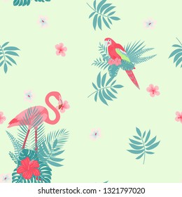 Pink flamingo seamless pattern with tropical flowers and leaves.