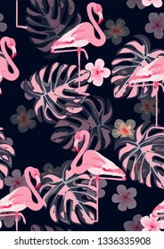 Pink flamingo seamless pattern with tropical flowers and leaves.
