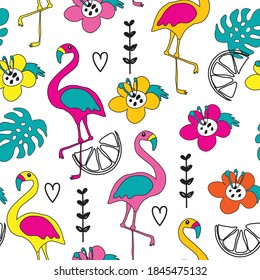 pink flamingo seamless pattern with tropical flowers and leaves, vector background design with flamingos for wallpaper, fabric, textile.