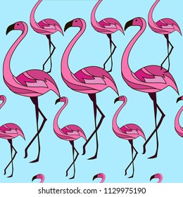 Pink Flamingo seamless pattern. Vector Pink flamingos, exotic birds, tropical palm leaves, trees, seamless vector floral pattern background.
