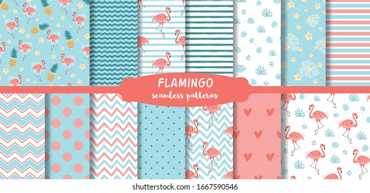 Pink Flamingo seamless patterns set Cute summer tropical background. Geometric pink blue print collection. Vector.