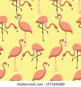 Pink Flamingo seamless vector pattern on yellow background