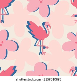 Pink flamingo seamless vector pattern design. Isolated flamingos with flowers in background. Cute blue details. Perfect for tropical summer vibes. Nursery and baby proof. Matching patterns available.