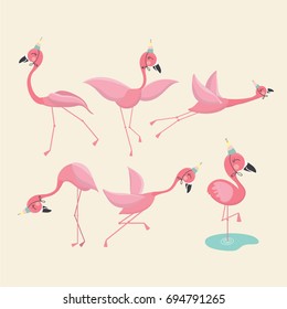 Pink flamingo set, vector illustration.