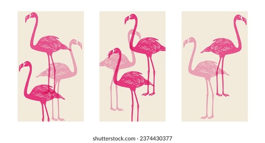 Pink Flamingo set of vector illustrations. Exotic bird in different poses. Retro posters