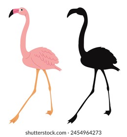 pink flamingo with silhouette on white background vector