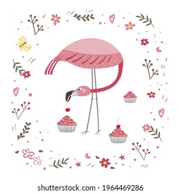 Pink flamingo is standing isolated on a white background. Flamingo is eating a cake. Frame from plants and flowers. Vector hand drawn illustration. 