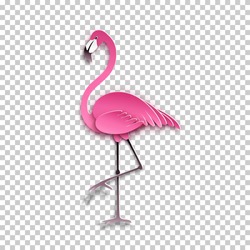 Pink Flamingo Standing On One Leg. African Exotic Bird, Cool Sticker For Birthday Cards, Party Invitations, For Tropical Design Element. Summer Decoration, Paper Cut Out Style, Vector Illustration