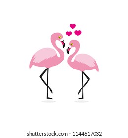 Pink flamingo standing on one leg. Flamingo couple and hearts. Cute cartoon character. 