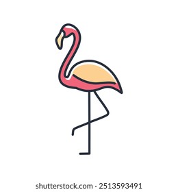 Rosa Flamingo, der auf einem Bein steht. Einfache Linienkunst eines Flamingos, die die Schönheit und Anmut der Art subtil vermittelt. Die einbeinige Pose symbolisiert Gleichgewicht und Stabilität.