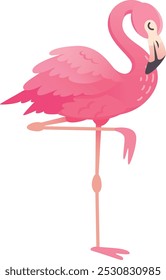 Pink flamingo is standing on one leg, with its neck curved in an elegant s shape. Its plumage is a beautiful shade of pink