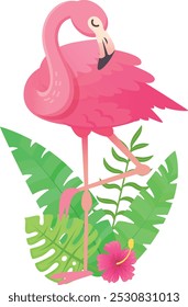 Pink flamingo is standing on one leg, surrounded by lush tropical foliage, including palm leaves and a hibiscus flower