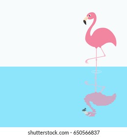 Pink flamingo standing on one leg. Shadow circles on the water. Exotic tropical bird. Zoo animal collection. Cute cartoon character. Decoration element. Flat design. White blue background. Vector