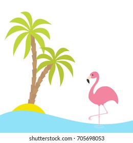 Pink flamingo standing on one leg. Two palms tree, island, ocean, see water. Exotic tropical bird. Zoo animal collection. Cute cartoon character. Flat design. White background. Isolated. Vector