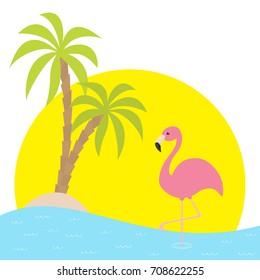 Pink flamingo standing on one leg. Two palms tree, island, ocean, see water, big sun sunset. Exotic tropical bird. Cute cartoon character. Zoo animal. Flat design. White background. Isolated. Vector