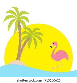 Pink flamingo standing on one leg. Two palms tree, island, ocean, see water, sunset. Exotic tropical bird. Zoo animal collection. Cute cartoon character. Flat design. White background Isolated. Vector