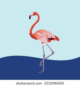 Pink flamingo standing in the sea of ​​patchwork colors